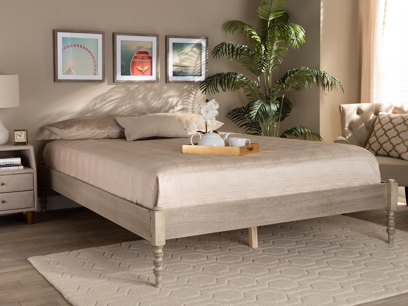 Baxton Studio Wood Platform Bed | Queen | Cielle French Bohemian | White